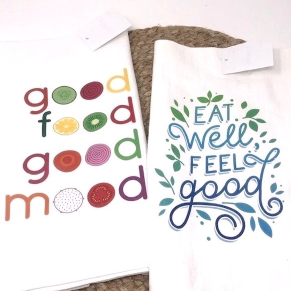 🌺 Good Food Colorful Graphic Set of 2 Cotton Kitchen Towels NWT